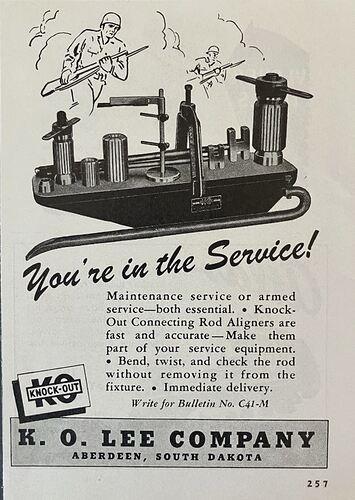 K.O.Lee Universal Rod Aligner ad copy 1943
